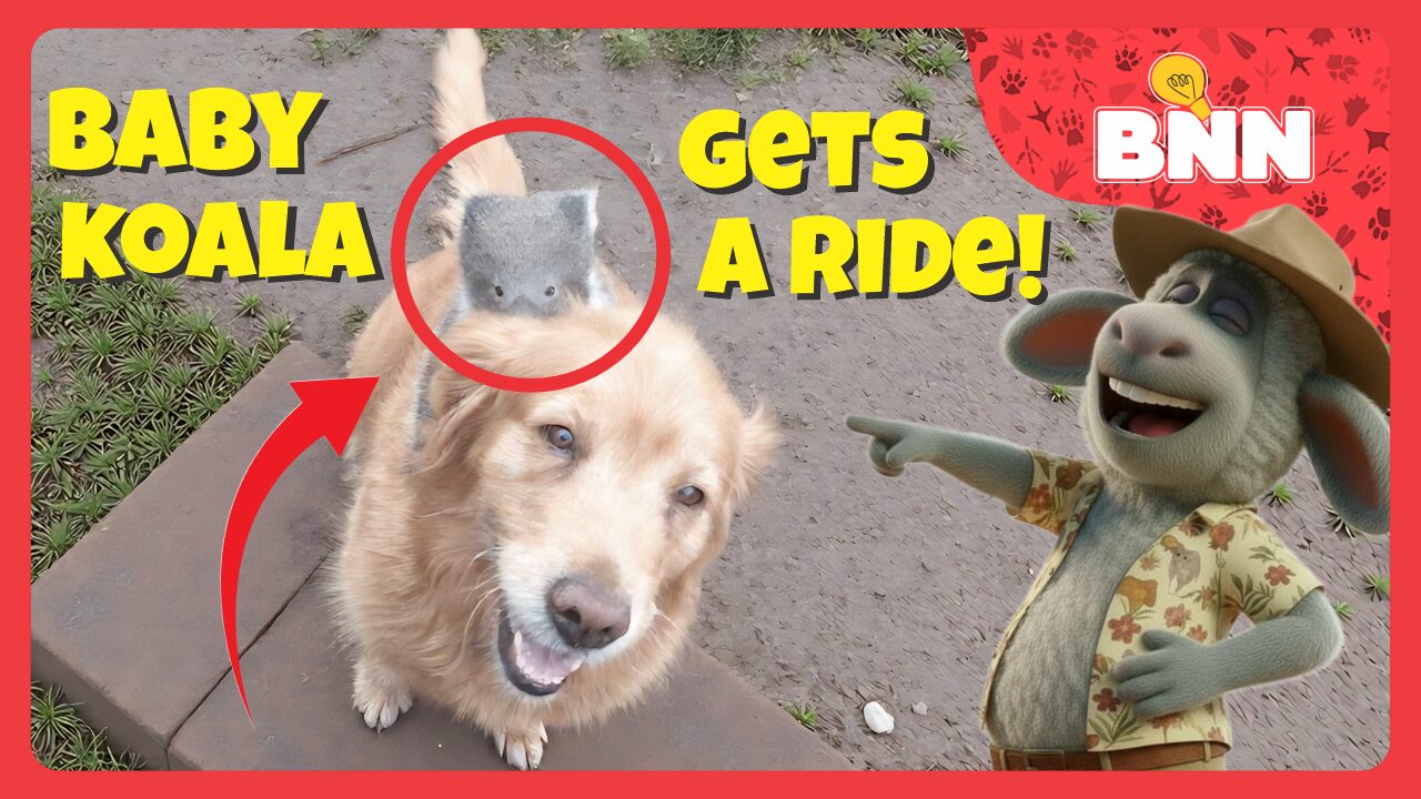 Baby Koala Hitches Ride on Golden Retriever in Aussie Backyard